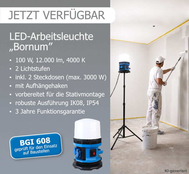 LED-Arbeitsleuchte Bornum Infografik-Slider zur LED-Arbeitsleuchte Bornum mit technischen Produktinformationen und einem Bild (KI-generiert), das einen Maler neben dem Arbeitsstrahler mit Stativ auf einer Baustelle zeigt.