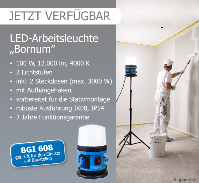 Infografik-Slider zur LED-Arbeitsleuchte Bornum mit technischen Produktinformationen und einem Bild (KI-generiert), das einen Maler neben dem Arbeitsstrahler mit Stativ auf einer Baustelle zeigt.