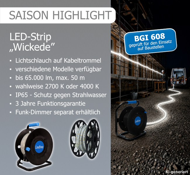Info-Slider zum LED-Lichtschlauch Wickede mit technischen Produktinformationen und einem Bild (KI-generiert), das den Lichtschlauch im Einsatz auf einer Baustelle zeigt.
